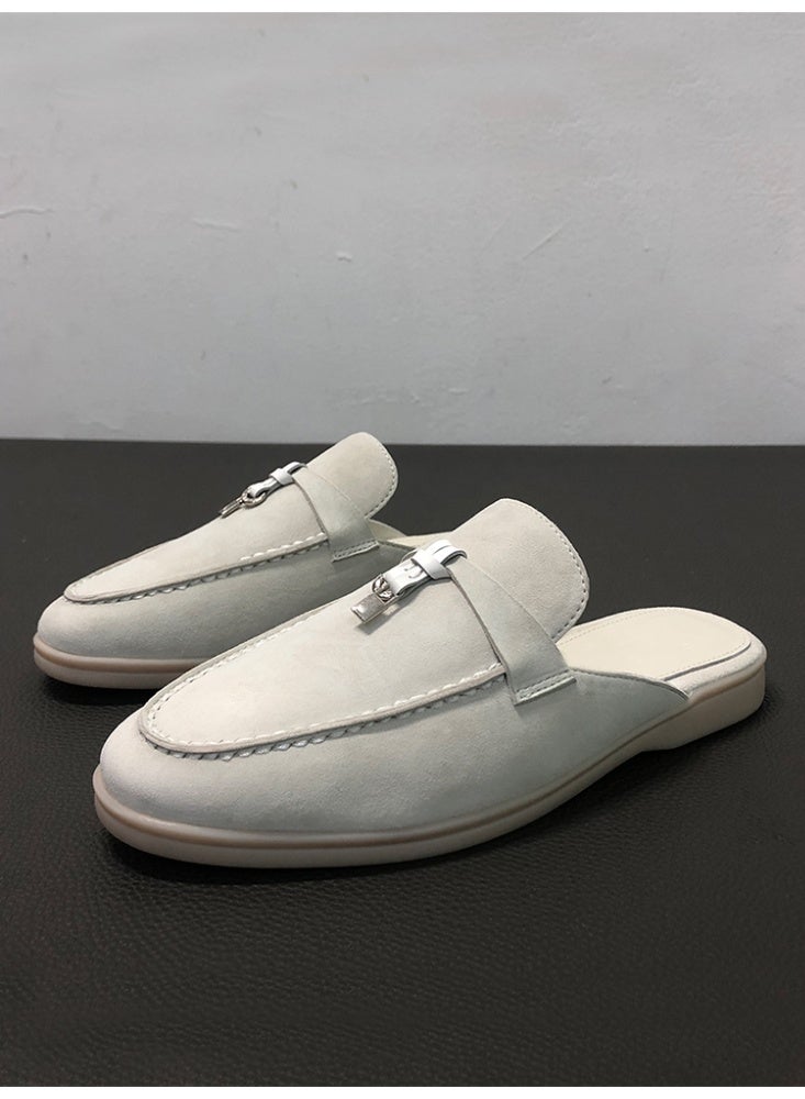 Women Flat Heel Fashion Design Mule Slides, Suede Loafers Genuine Leather Outdoor Slippers Flats Large Size 42 - Image 2