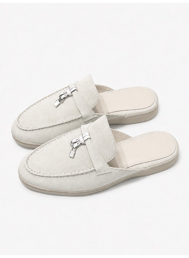 Women Flat Heel Fashion Design Mule Slides, Suede Loafers Genuine Leather Outdoor Slippers Flats Large Size 42 - Image 1