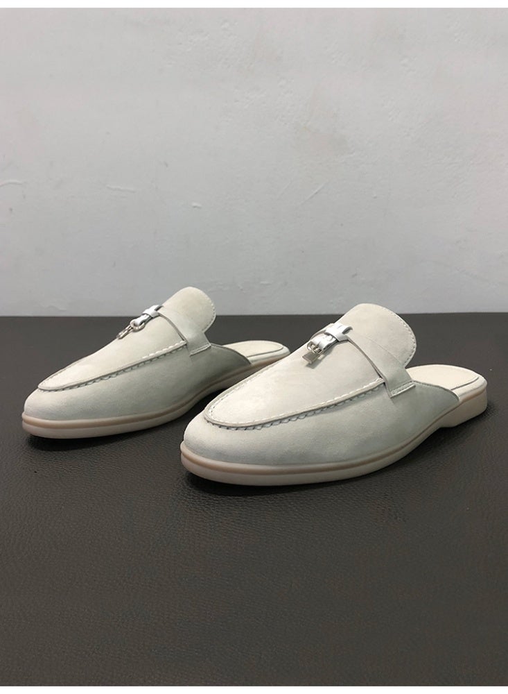 Women Flat Heel Fashion Design Mule Slides, Suede Loafers Genuine Leather Outdoor Slippers Flats Large Size 42 - Image 3