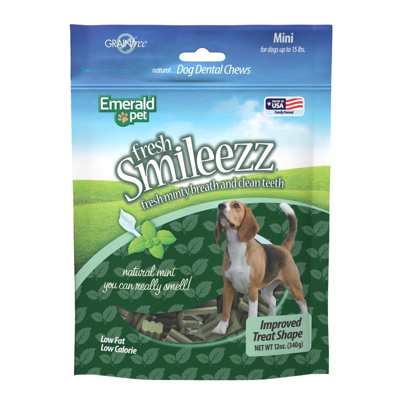 Emerald Pet Fresh Smileezz Grain Free Dog Dental Treats â€” Minty Fresh Breath and Clean Teeth for Puppies and Small Dog Breeds â€” Made in USA Mini, 12 Oz - Image 1