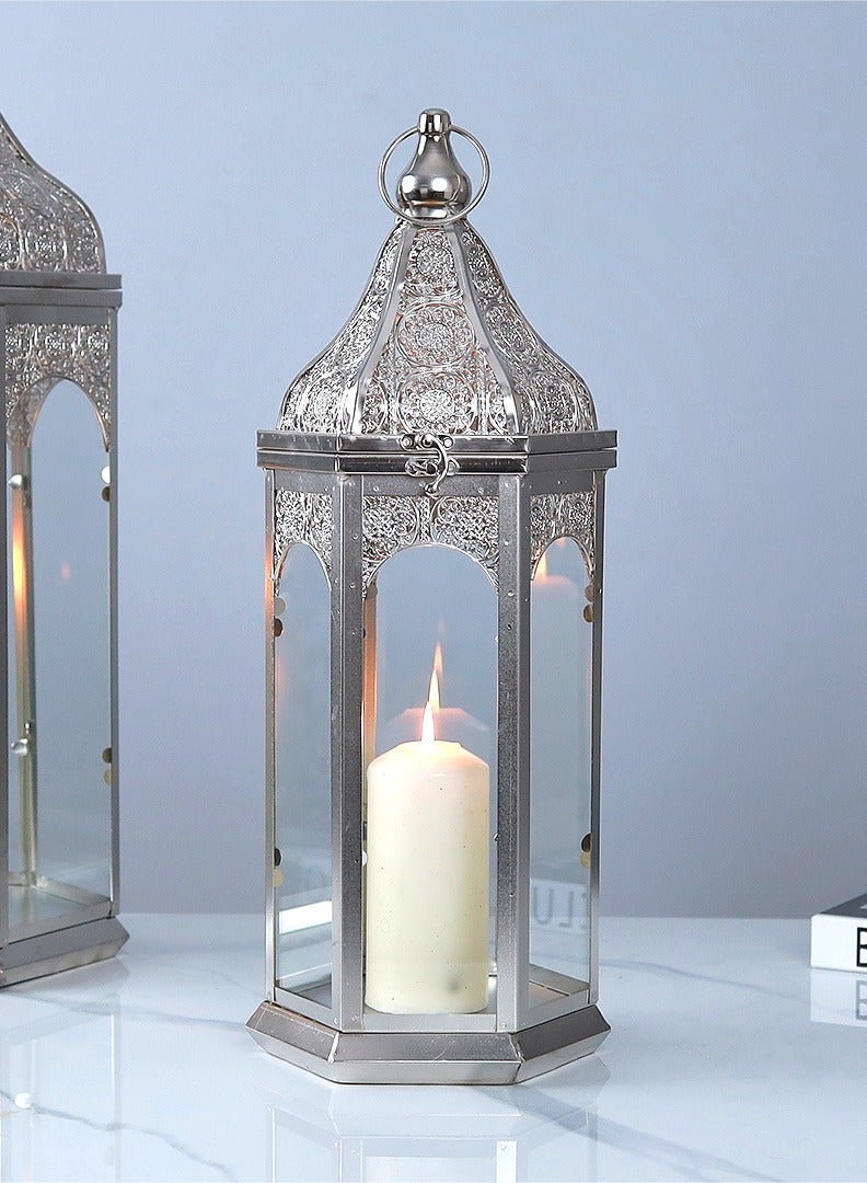 AL Hadaya Mall Elegant Silver Ramadan Lantern for Home Decor – Metal Candle Lantern – 52×16 cm - Image 1