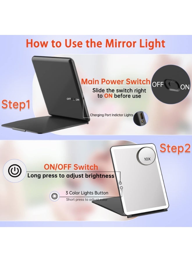 Arabest 10x7.5 Portable Large Travel Makeup Mirror with Light, 1800mAh Rechargeable Lighted Travel Makeup Mirrors with 3 Color Lights, Dimmable Folding Light Up Make up Mirror with Small 10x Mirror - Image 4