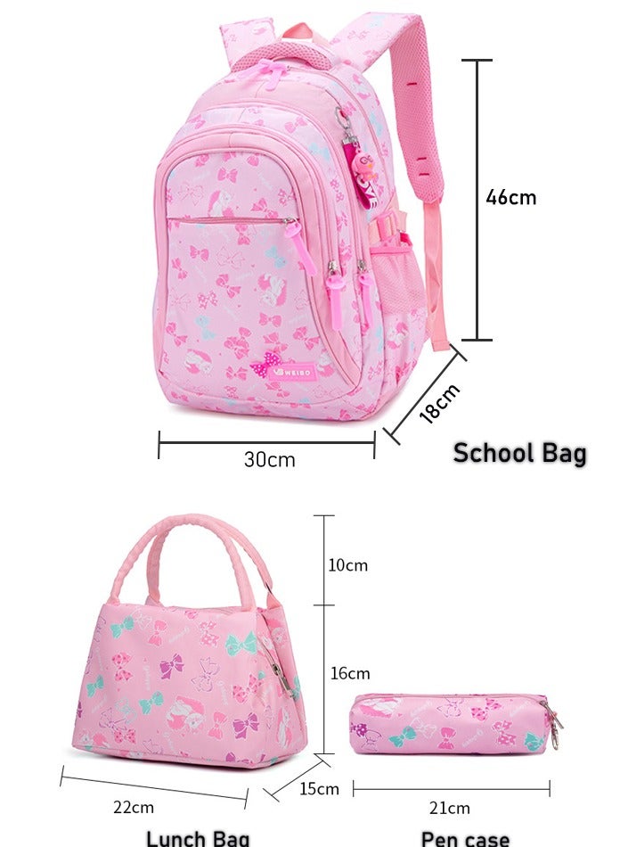 SänHahn Set Of 3 Cat Printed Nylon Backpack Large Capacity Schoolbag and Shoulder Bag and Pencil Case for Kids/Girls - Purple/Pink - Image 3