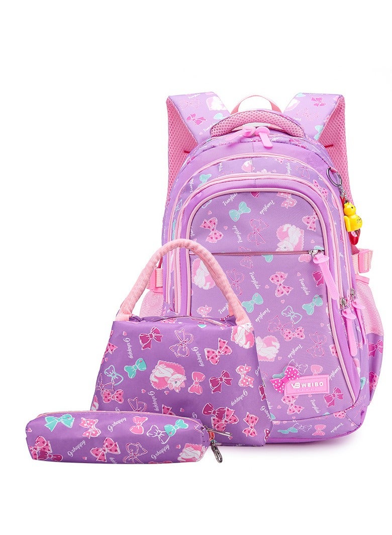 SänHahn Set Of 3 Cat Printed Nylon Backpack Large Capacity Schoolbag and Shoulder Bag and Pencil Case for Kids/Girls - Purple/Pink - Image 1