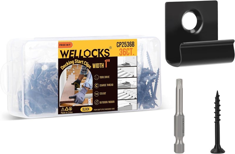 WELLOCKS Start Clips 1" Width Black 36 Pack with Deck Screws T25 Bit Universal Starter Clips for 400 SQ. FT. of Decking Board Hidden Clip Fastener(CP2536B) - Image 1