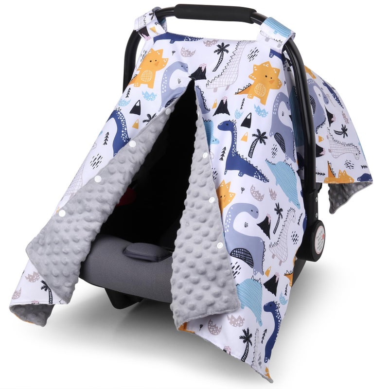 Rquite Baby Car Seat Cover, Carseat Covers Baby Boy, Minky Infant Car Seat Cover Winter, Peekaboo Opening Car Seat Canopy, Multi-use Baby Carrier, Stroller, Nursing Cover, Minky Blanket, Dinosaur - Image 1