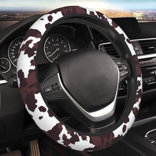 Wyayazh Brown Cow Print Neoprene Steering Wheel Cover for Men Women AntiSlip Elastic Steering Wheel Protective Cover 15in Universal Car Accessories Fit Cars SUVs Auto - Image 1