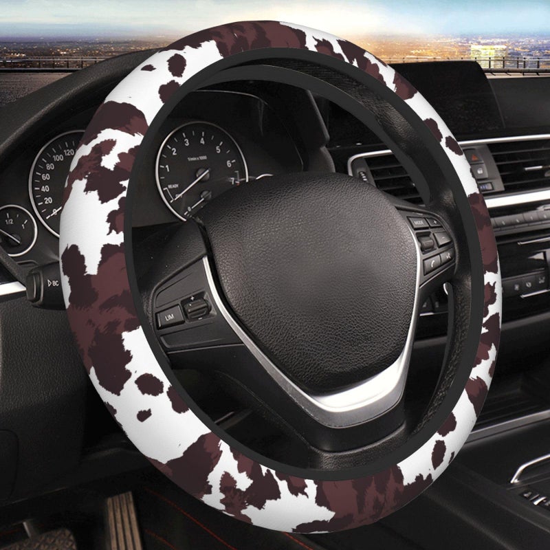 Wyayazh Brown Cow Print Neoprene Steering Wheel Cover for Men Women AntiSlip Elastic Steering Wheel Protective Cover 15in Universal Car Accessories Fit Cars SUVs Auto - Image 3