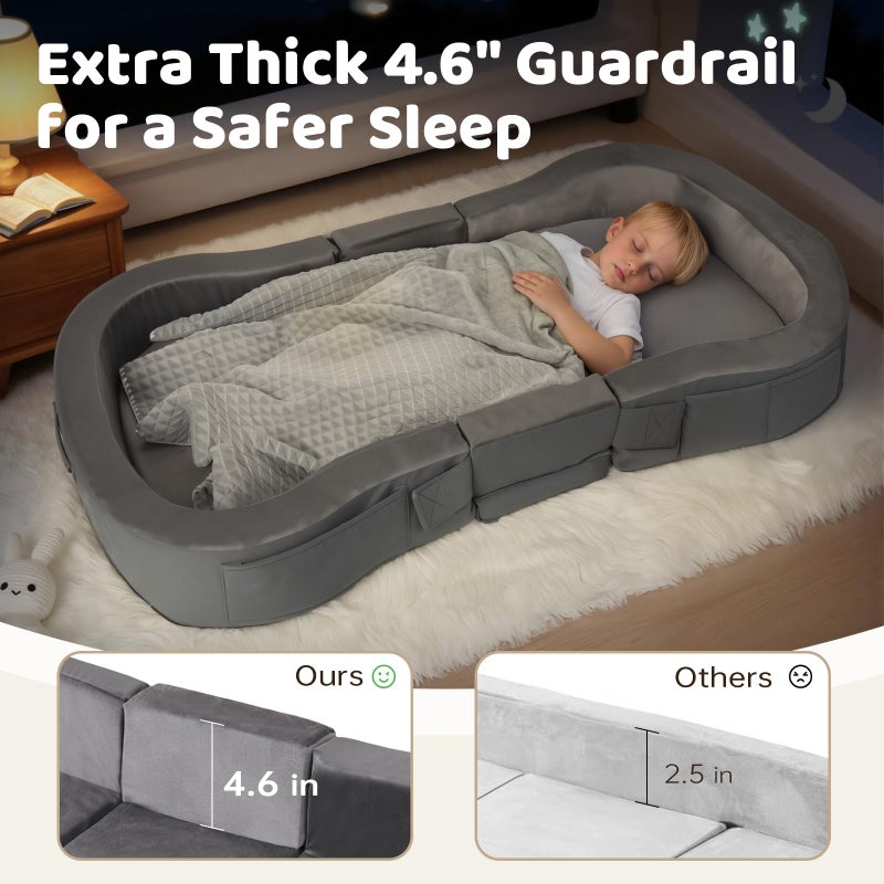 ENITYA Portable Toddler Bed for Travel, Foldable Floor Cot for Sleeping with Washable Cover, Kids Travel Bed for Camping & Home, Easy to Use, for Toddlers 18Mâ€“4Y, Dark Grey - Image 2