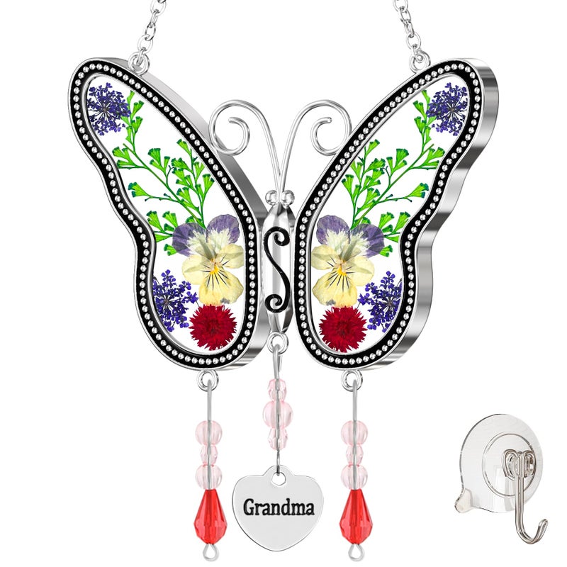 KUNDGLA Butterfly Suncatcher Grandma Glass Sun Catcher Pressed Real Flower Wings in Glass Butterfly Suncatchers Grandmas Birthday Gift Ornament for Windows with Metal Heart Charm