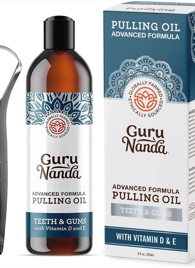 GuruNanda - Advanced Oil Pulling with Tongue Scraper - Natural Alcohol-Free Mouthwash with Coconut Oil, Vitamins D & E for Healthy Teeth & Gums(8 Fl Oz) - Image 1