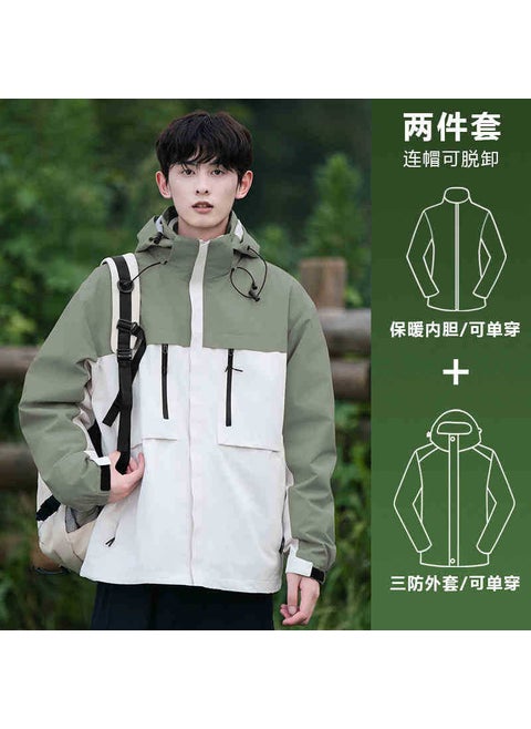 WASSUP Joint Three-in-One Rush Clothes Mens and Womens Functional Waterproof Windproof Jacket Outdoor Tibetan Mountaineering Suit Men's model/white with light green [three-in-one removable inner tank]