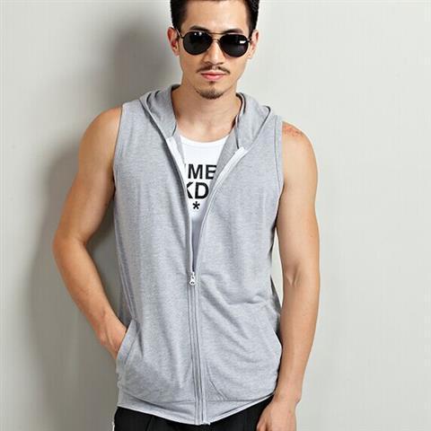 Spring and Autumn Mens Slim-fit Vest Mens Thin Sleeveless Hooded Vest Sports Vest Zipper Jacket Knitted Cardigan Trendy light gray hooded