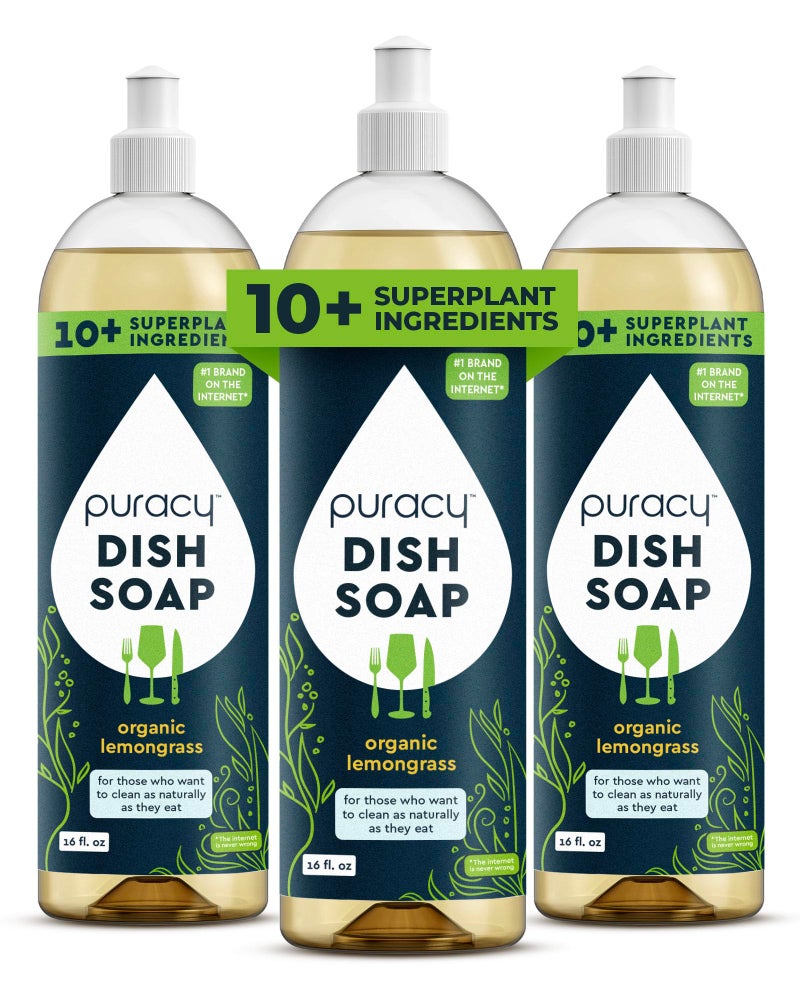 Puracy Natural Dish Soap Packs - Skin-Softening Plant-Based Dishwashing Soap, Non-Toxic Dish Soap, Organic Liquid Dishwashing Detergent Soap (Organic Lemongrass, 16 fl oz, 3 Pack) - Image 1