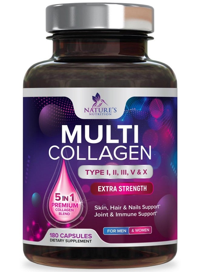 Nature's Nutrition Collagen Peptides for Women & Men - Type I, II, III, V, X Multi Collagen Pills, Hydrolyzed Collagen Peptides Supplements, Nature's Hair, Skin, Nail, and Joint Support Supplement, Non-GMO, 180 Capsules  - Image 1