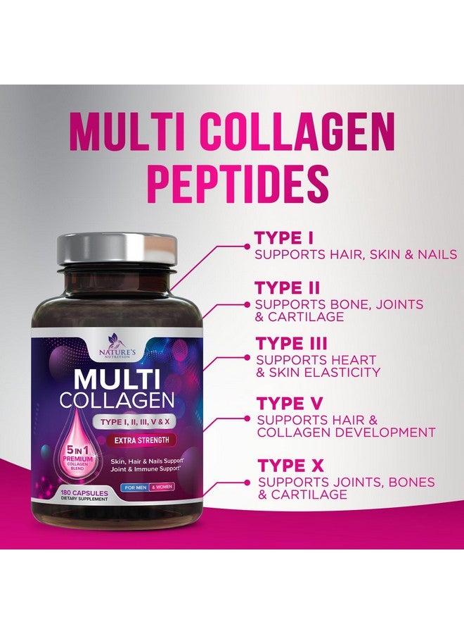 Nature's Nutrition Collagen Peptides for Women & Men - Type I, II, III, V, X Multi Collagen Pills, Hydrolyzed Collagen Peptides Supplements, Nature's Hair, Skin, Nail, and Joint Support Supplement, Non-GMO, 180 Capsules  - Image 3