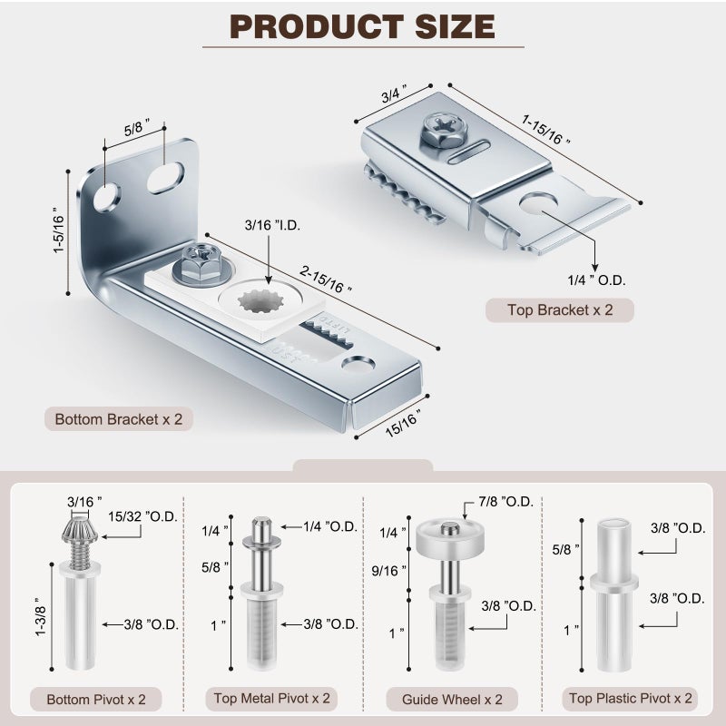 POSTANTIN Bifold Closet Door Hardware Kit with Top/Bottom Bracket, Guide Wheel & Pivot Folding Door Hardware Replacement, Bifold Door for 7/8" to 1" Bifold Door Track(2 Pack) - Image 2