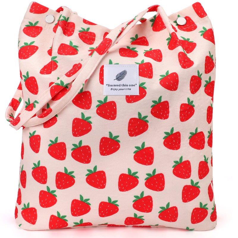LHMTQVK Corduroy Tote Bags for Women, Large Capacity Corduroy Bag Reusable Grocery Shoulder Bag with Inner Pockets(Strawberry) - Image 1