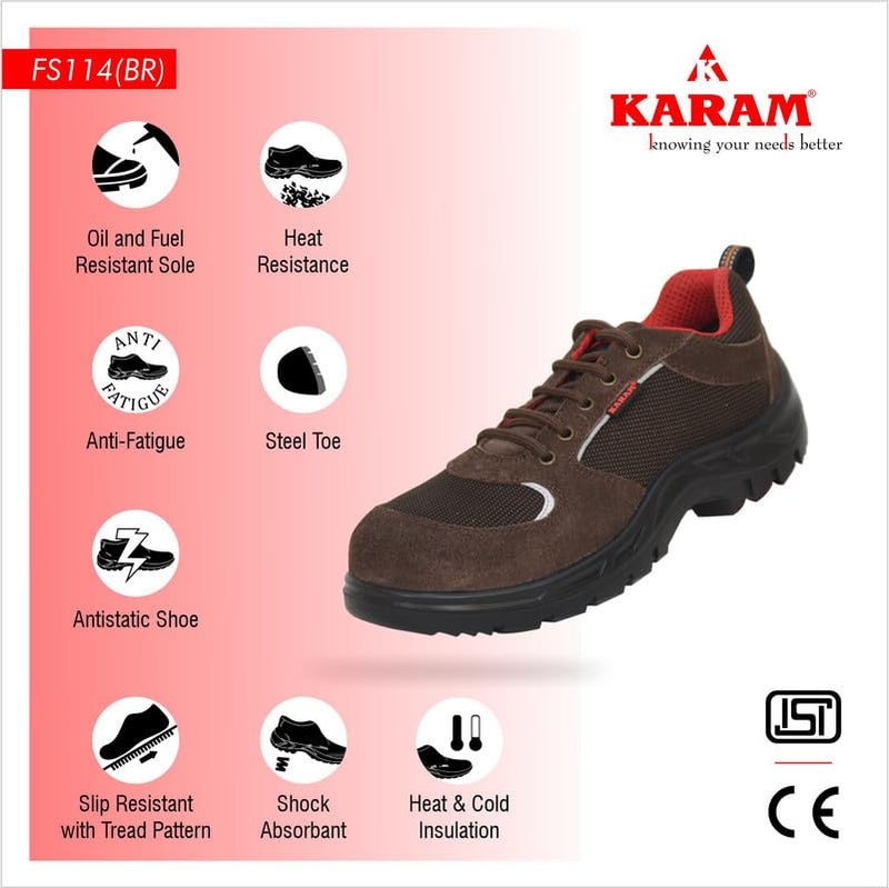 KARAM Industrial Safety Shoe for Men | Safety Shoes with Steel Toe Cap & Single Density PU Sole | Antistatic, Antislip, Oil & Heat Resistance | Brown | Size-09 | FS114BR(SWSAMN)-09 - Image 2