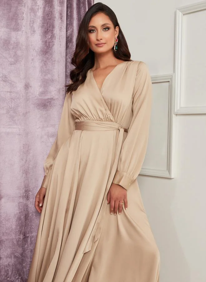 Closet Long Sleeves Satin Wrap Front Maxi Dress with Tie Belt