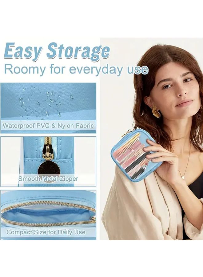 Blue Square Synthetic Makeup Bag Compact Slim Case With Lipstick Foundation And Eyebrow Organizer Window For Travel Daily Use Durable Stylish Beauty Holder - Image 3