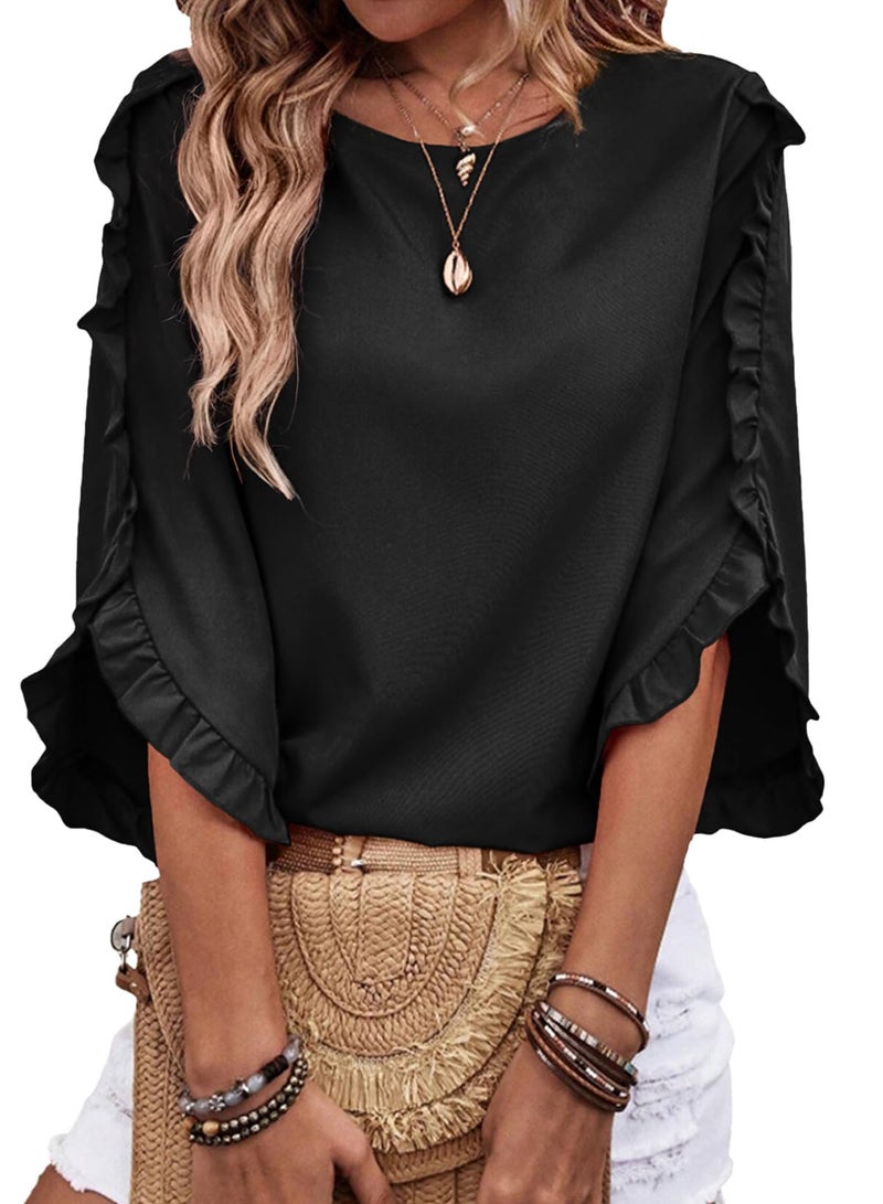 EVALESS 3/4 Length Sleeve Womens Tops Black Dressy Casual Blouses Cute Crewneck Ruffle Sleeve Shirts Fashion 2026 Spring Summer Outfits Business Work Tops X-Large - Image 1