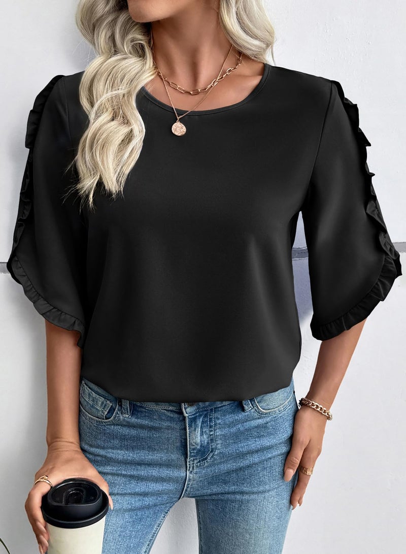 EVALESS 3/4 Length Sleeve Womens Tops Black Dressy Casual Blouses Cute Crewneck Ruffle Sleeve Shirts Fashion 2026 Spring Summer Outfits Business Work Tops X-Large - Image 5