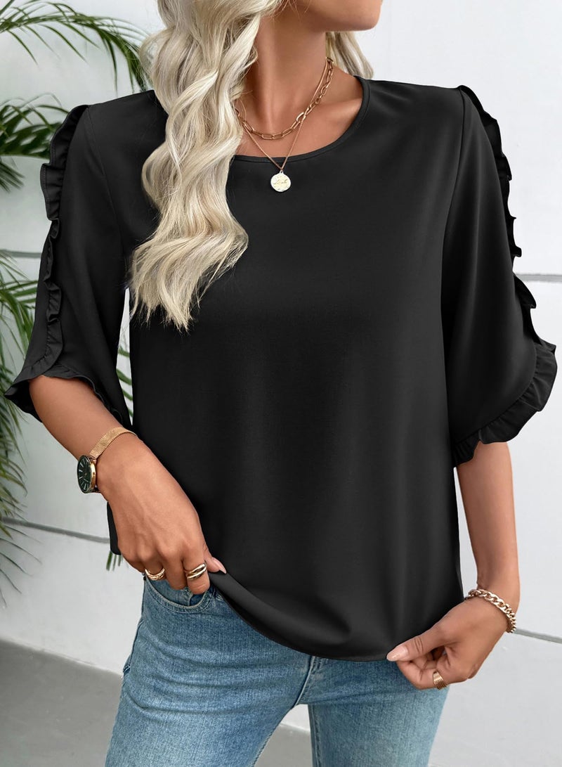 EVALESS 3/4 Length Sleeve Womens Tops Black Dressy Casual Blouses Cute Crewneck Ruffle Sleeve Shirts Fashion 2026 Spring Summer Outfits Business Work Tops X-Large - Image 4