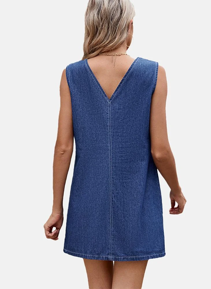 يونيكي Blue A-Line Tie-up Plain Denim Dress
