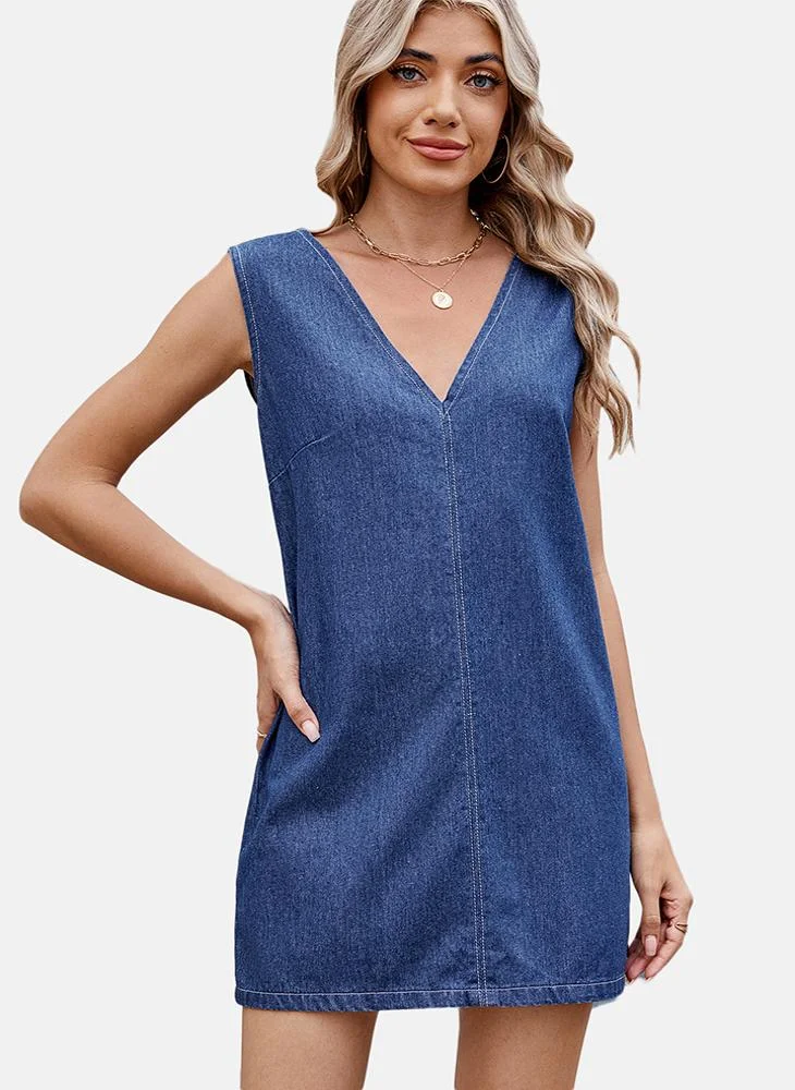 يونيكي Blue A-Line Tie-up Plain Denim Dress