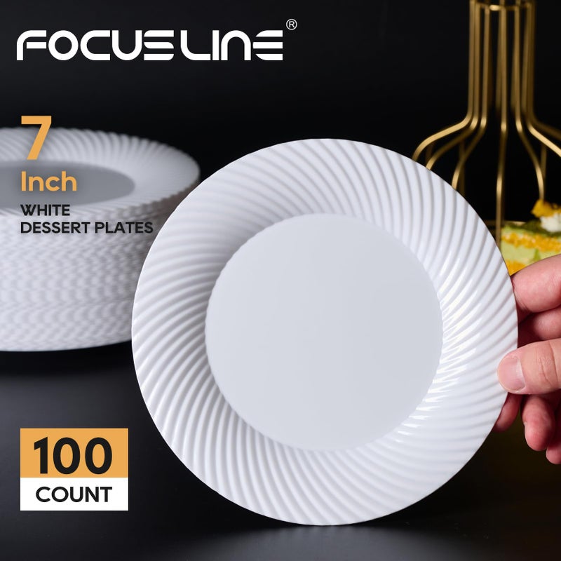 FOCUSLINE 7 Inch White Plastic Plates, 100 Count Disposable Heavy Duty Salad Dessert Plates, Premium Hard Plastic for Weddings, Parties and Events - Image 2