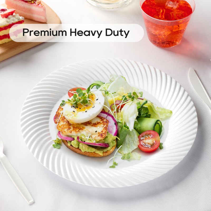FOCUSLINE 7 Inch White Plastic Plates, 100 Count Disposable Heavy Duty Salad Dessert Plates, Premium Hard Plastic for Weddings, Parties and Events - Image 3