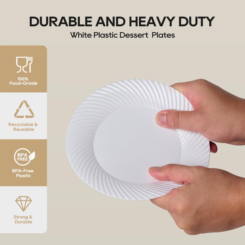 FOCUSLINE 7 Inch White Plastic Plates, 100 Count Disposable Heavy Duty Salad Dessert Plates, Premium Hard Plastic for Weddings, Parties and Events - Image 4