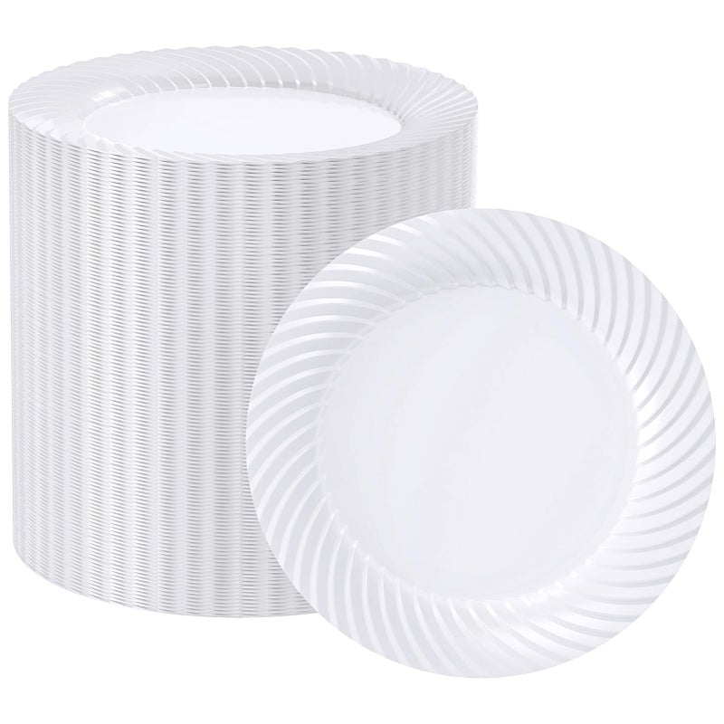 FOCUSLINE 7 Inch White Plastic Plates, 100 Count Disposable Heavy Duty Salad Dessert Plates, Premium Hard Plastic for Weddings, Parties and Events - Image 1
