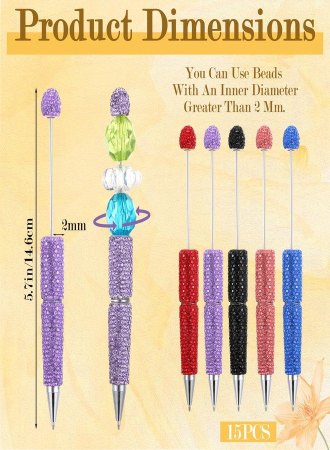Lemecima 15 Pcs Glitter Beadable Pens Full Rhinestone Fancy Pens for Beads DIY Diamond Beaded Pen Kit Cute Journalling Ballpoint Fun Bling Ballpoint for DIY Craft Making (Full Diamond) - Image 2