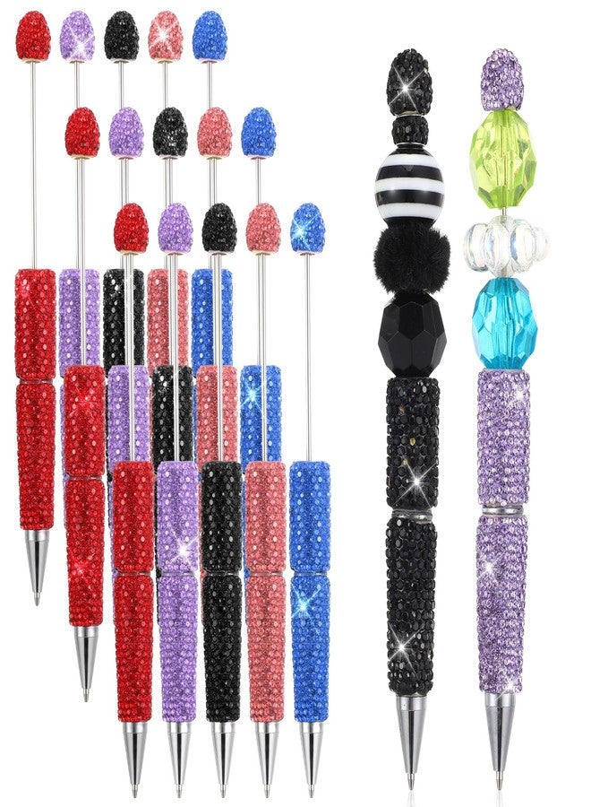 Lemecima 15 Pcs Glitter Beadable Pens Full Rhinestone Fancy Pens for Beads DIY Diamond Beaded Pen Kit Cute Journalling Ballpoint Fun Bling Ballpoint for DIY Craft Making (Full Diamond) - Image 1