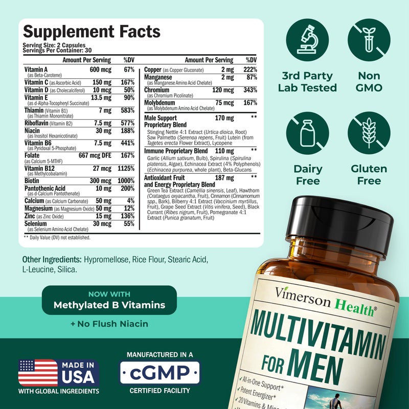 Vimerson Health Multivitamin for Men - Methylated Mens Multivitamins & Multiminerals Capsules with Vitamin B12, A, D, C, Zinc, Magnesium & More for Complete Daily Support - High Potency Bioavailable Vitamins for Men - Image 3