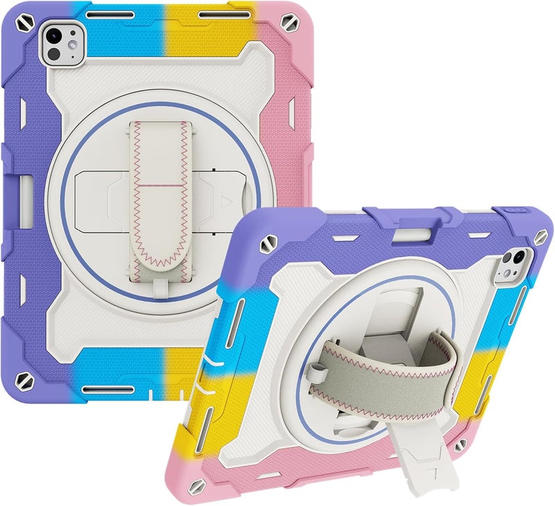 OSALO Case for iPad Pro 11 inch 2024 with Pencil Holder, 360 Rotating Hand Strap and Stand Heavy Duty Shockproof Tablet Protective Cover, Colorful Pink - Image 1