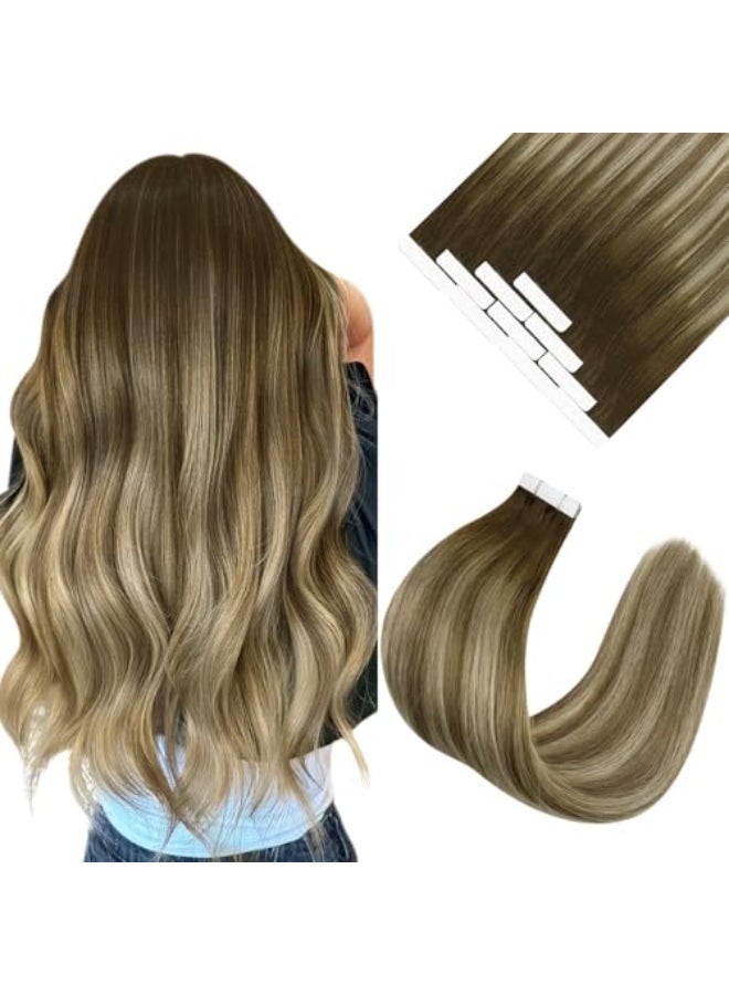 Ve Sunny Tape in Hair Extensions Real Human Hair Invisible Remy Human Hair Straight Tape Ins Double Sided Cool Brown Ombre Light Brown Balayage Medium Blonde 20 inch 10Pcs 25G - Image 1