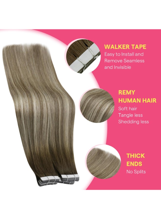 Ve Sunny Tape in Hair Extensions Real Human Hair Invisible Remy Human Hair Straight Tape Ins Double Sided Cool Brown Ombre Light Brown Balayage Medium Blonde 20 inch 10Pcs 25G - Image 4