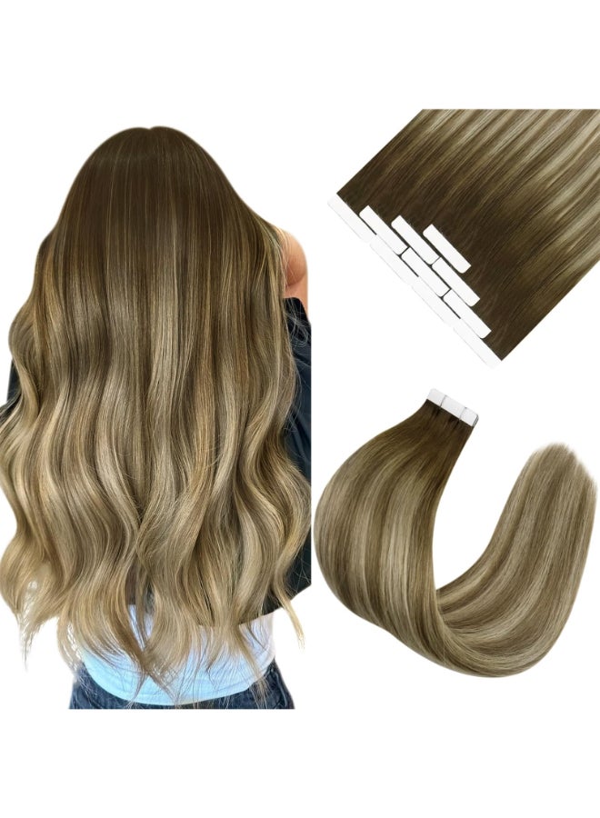 Ve Sunny Tape in Hair Extensions Real Human Hair Invisible Remy Human Hair Straight Tape Ins Double Sided Cool Brown Ombre Light Brown Balayage Medium Blonde 20 inch 10Pcs 25G - Image 2