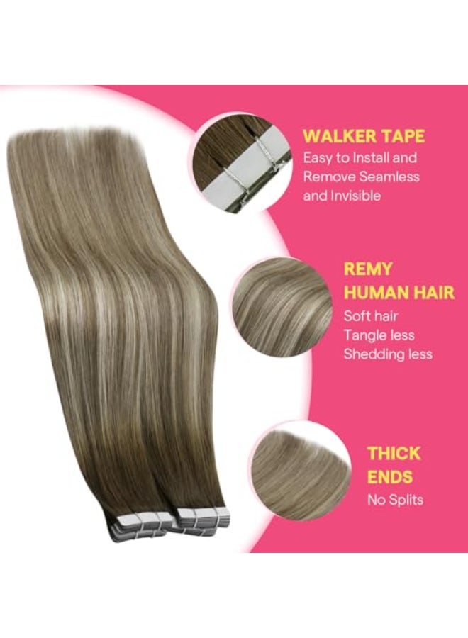 Ve Sunny Tape in Hair Extensions Real Human Hair Invisible Remy Human Hair Straight Tape Ins Double Sided Cool Brown Ombre Light Brown Balayage Medium Blonde 20 inch 10Pcs 25G - Image 3