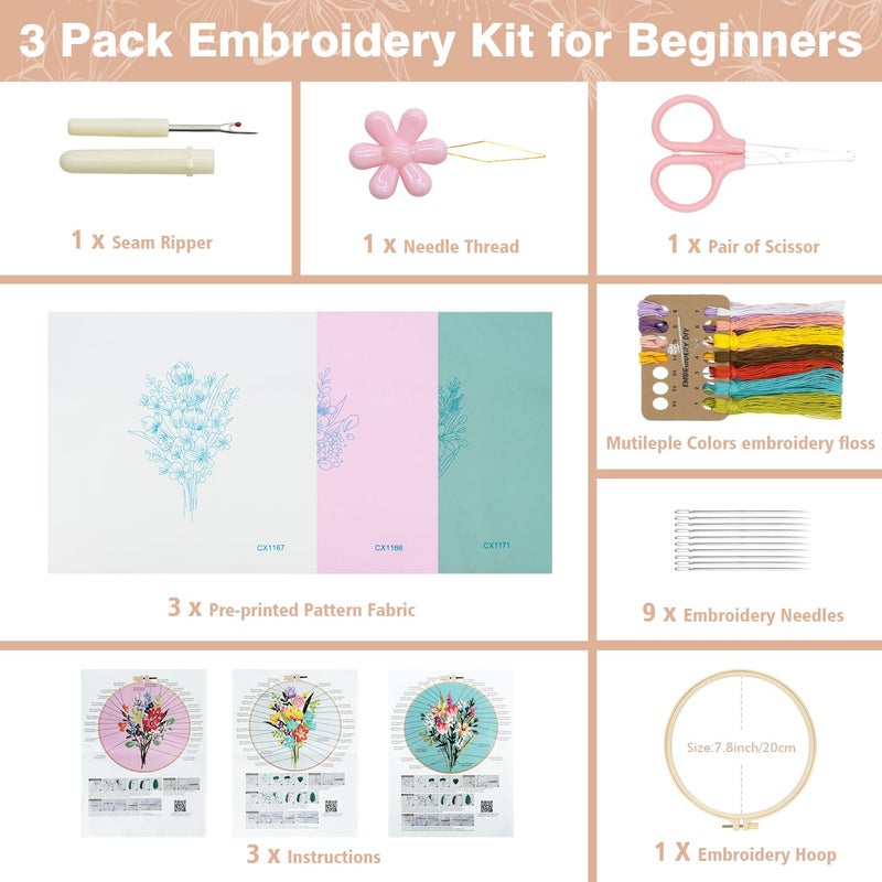 RidaaFri Embroidery Kit for Beginners Set of 3, Flower Pattern Embroidery Kits for Starter and Adults, Hand DIY Practice Kit, Step by Step Instructions and Video Tutorial - Image 3