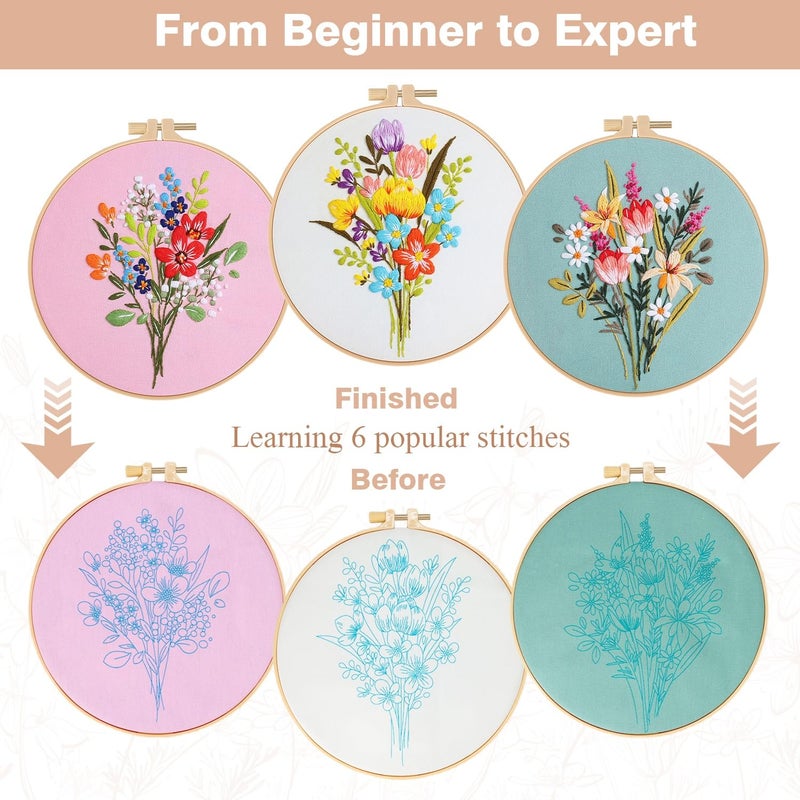 RidaaFri Embroidery Kit for Beginners Set of 3, Flower Pattern Embroidery Kits for Starter and Adults, Hand DIY Practice Kit, Step by Step Instructions and Video Tutorial - Image 2