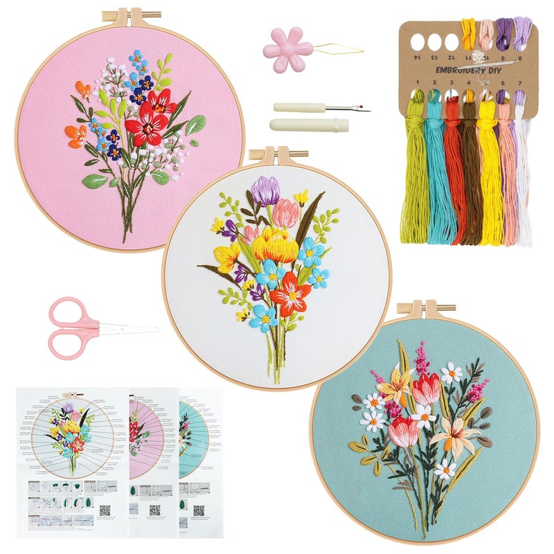RidaaFri Embroidery Kit for Beginners Set of 3, Flower Pattern Embroidery Kits for Starter and Adults, Hand DIY Practice Kit, Step by Step Instructions and Video Tutorial - Image 1
