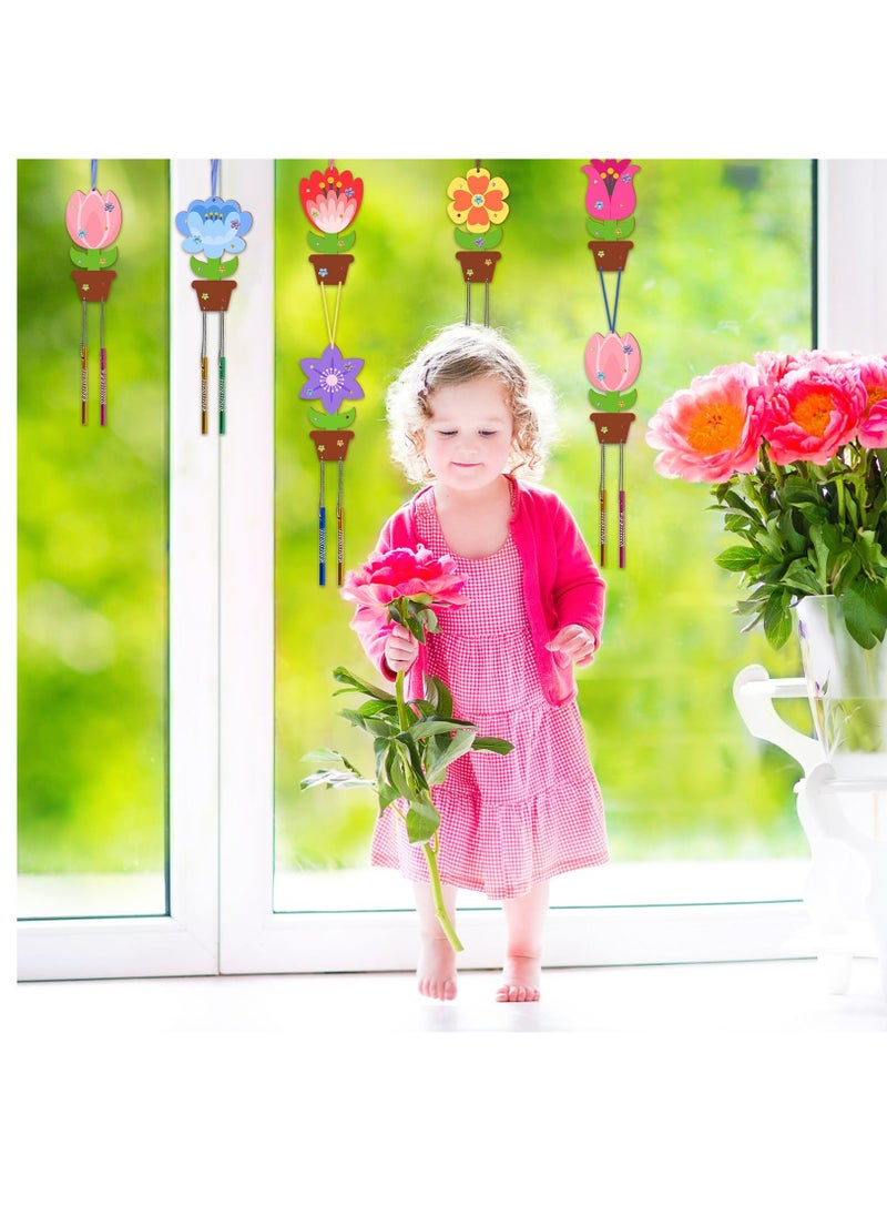 Excefore Wind Chime Craft Set, 12 Pack Flower Wind Chime Craft for Kids Make You Own Flower Wind Chimes Ornaments DIY Coloring Wooden Art and Craft for Spring Summer Art Activities Birthday Decorations  - Image 4
