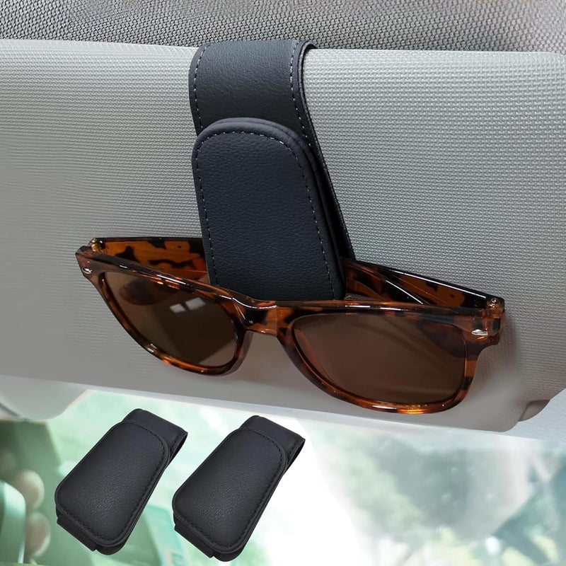 OZORI 2 Pack Sunglasses Holders, Car Visor Magnetic Leather Glasses Eyeglass Hanger Clip For Car, Ticket Card Clip Eyeglasses Mount(Black) - Image 1