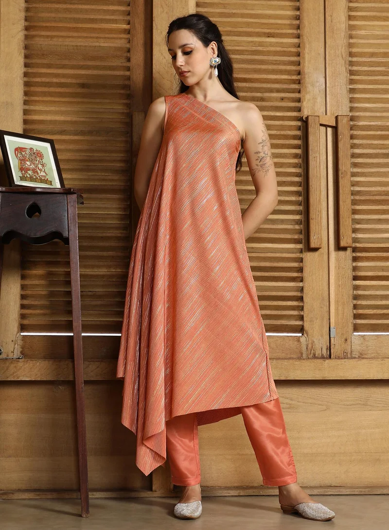 QISSA Women's Peach Orange Asymmetrical-Brushed Co-Ord Set For Casual Wear | One-Shoulder | Sleeveless | 2 Piece Kurta Set Designed With Comfort Fit For Everyday Ethnic Wear