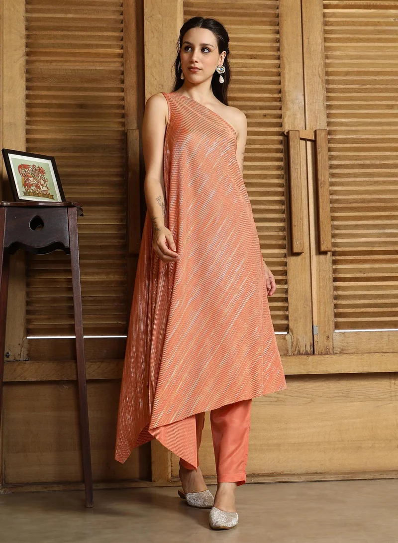 QISSA Women's Peach Orange Asymmetrical-Brushed Co-Ord Set For Casual Wear | One-Shoulder | Sleeveless | 2 Piece Kurta Set Designed With Comfort Fit For Everyday Ethnic Wear