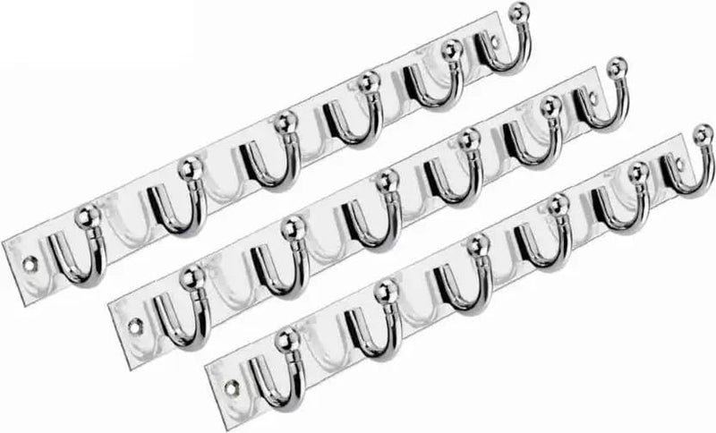 Stainless Steel Wall-Mounted Clothes Hook Rail, 6 Hooks, Pack of 3 - Image 1